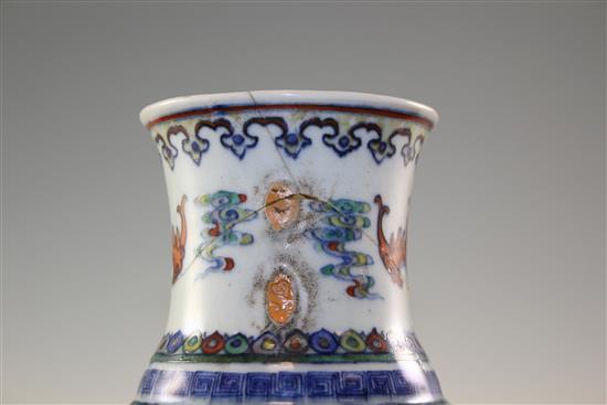A Chinese doucai vase, 18th century, 23.5cm, handles ground off, repairs